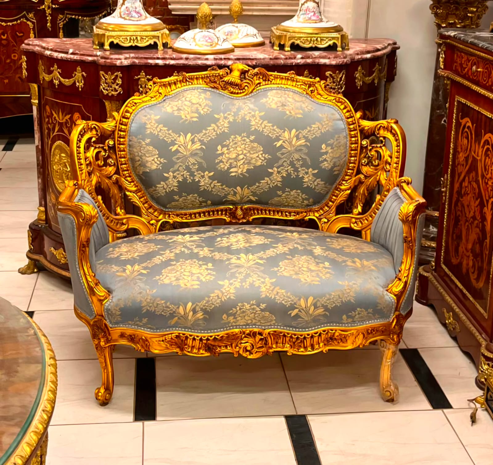 French Louis XV Loveseat with Blue Damask Upholstery & Hand-Gilded Gold Leaf Frame