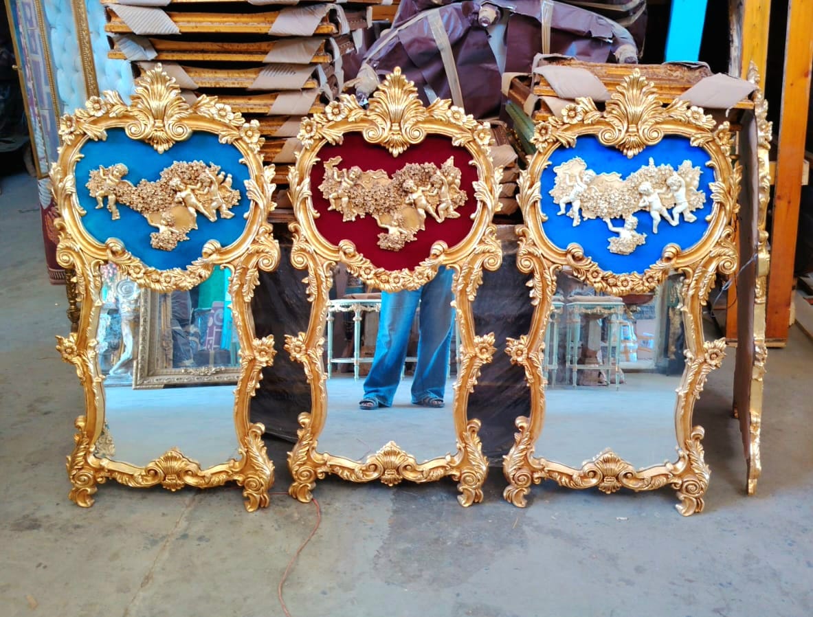 Baroque Rococo Blue Wall Mirror – Ornate Gold Leaf French Frame, 61"H Luxury Statement Mirror