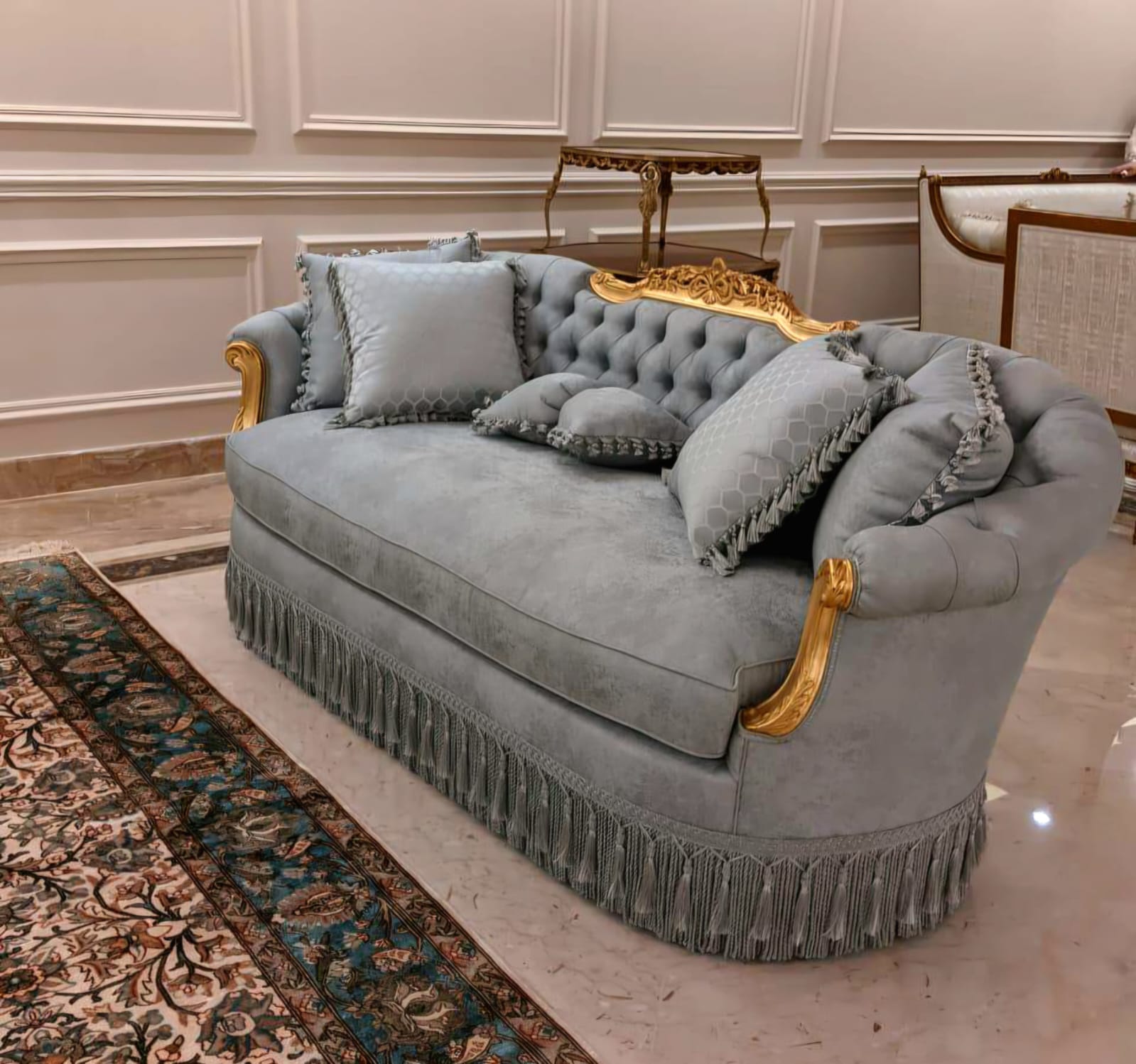 Louis XVI Grand Sofa with Green Blue Velvet Upholstery, Hand-Gilded Gold Leaf Frame & Hand-Painted Floral Medallion
