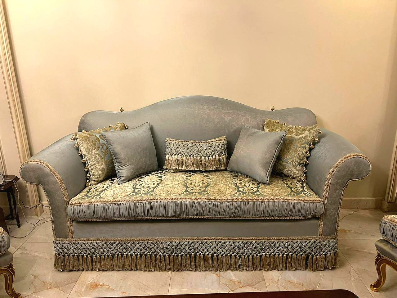 Elegant French Louis XVI Sofa with Blue Velvet Upholstery & Hand-Carved Gilded Frame