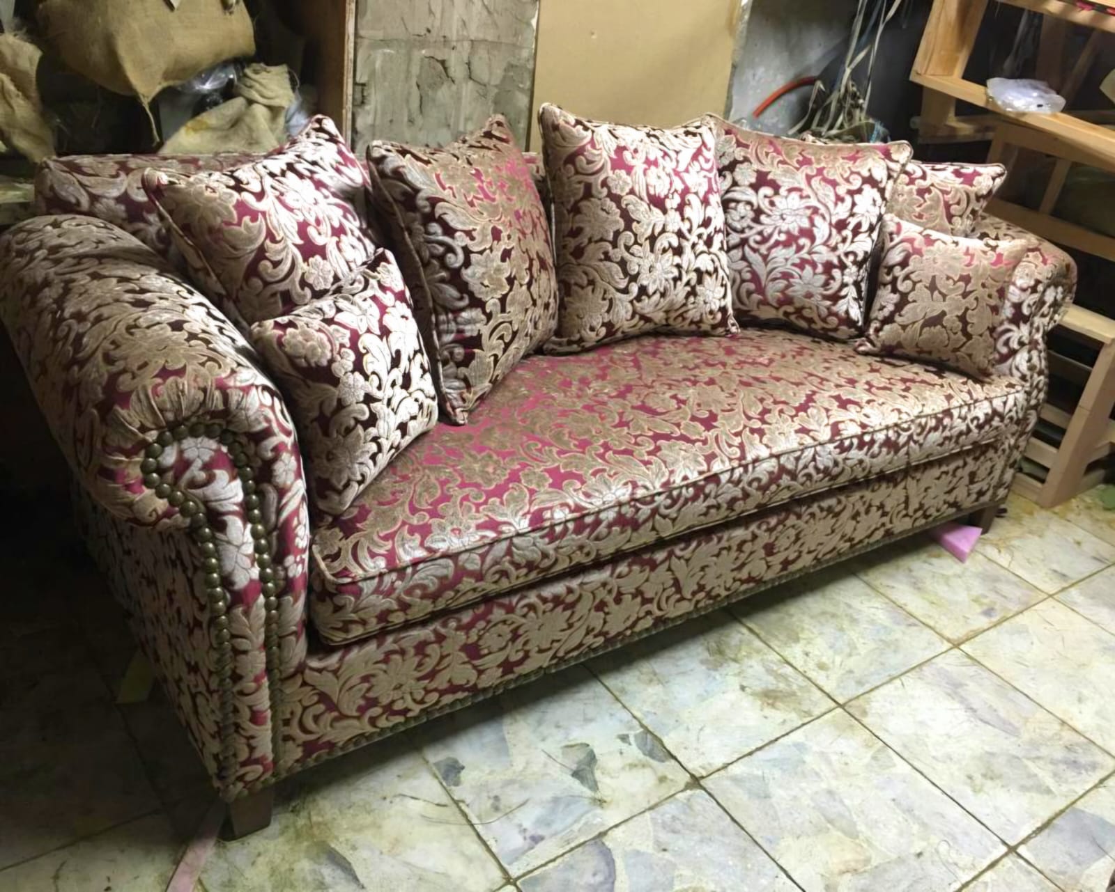 Three-Seat Sofa with Burgundy Velvet Damask Upholstery & Classic Rolled Arms