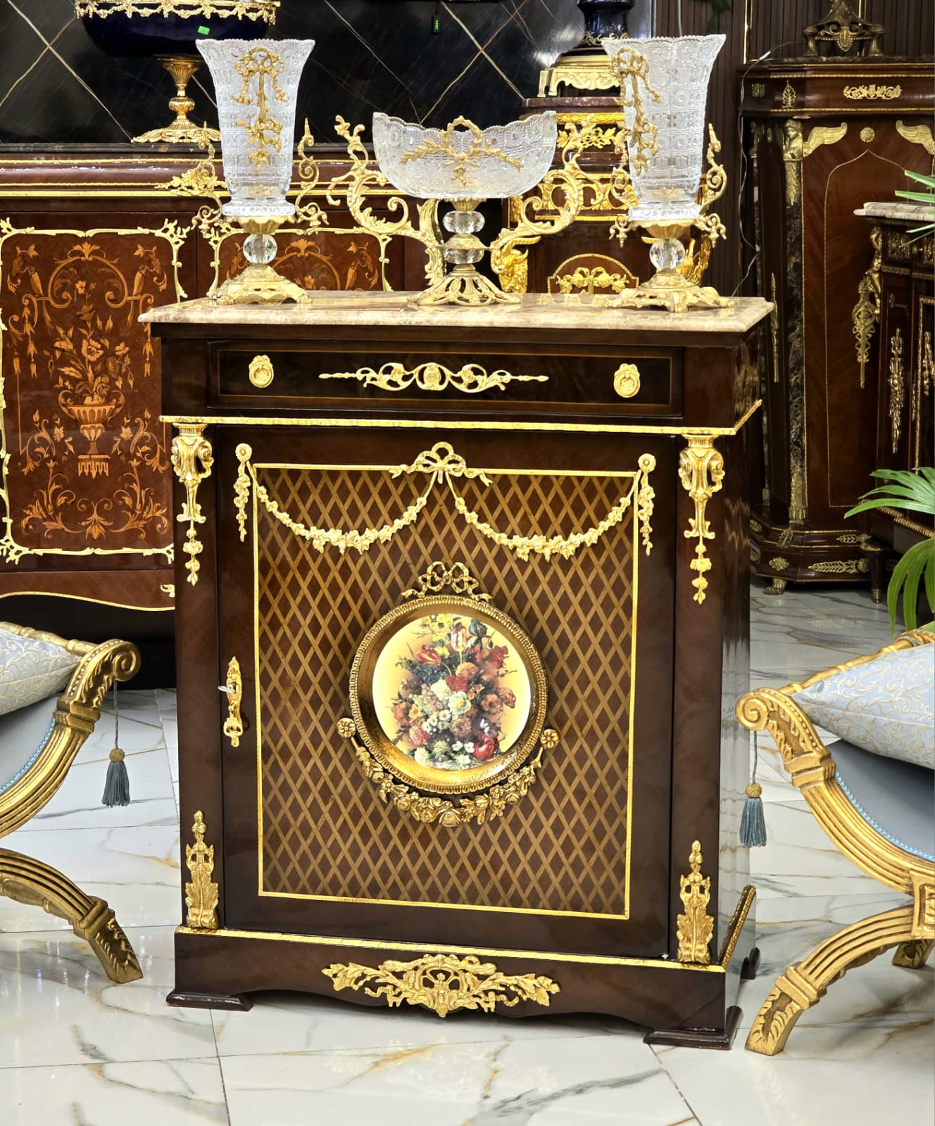 Luxury French Commode Cabinet with Marble Top, Floral Medallion & Gilded Accents