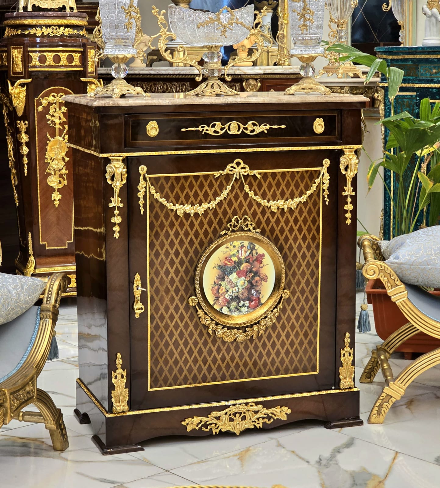 Luxury French Commode Cabinet with Marble Top, Floral Medallion & Gilded Accents