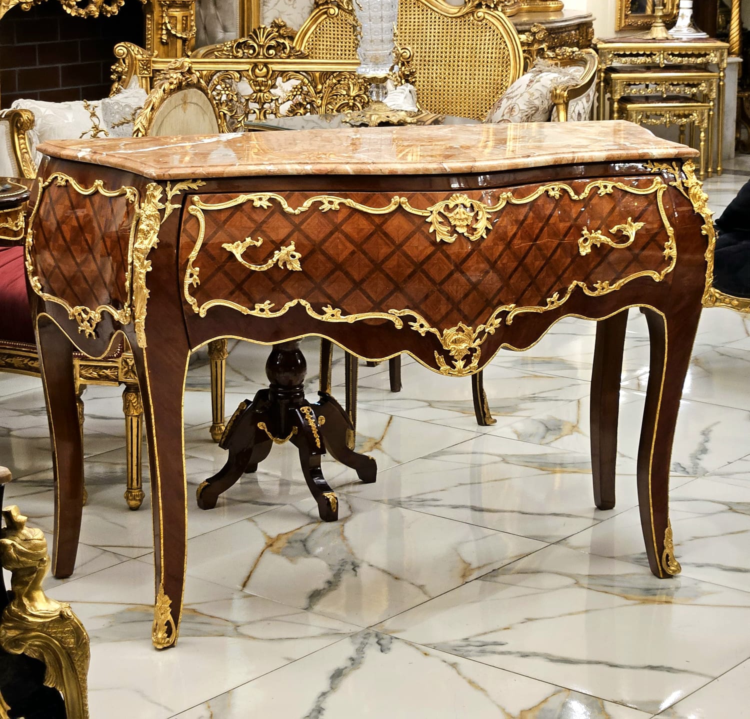 French Louis XV Marble Top Commode with Hand-Gilded Gold Leaf Details & Solid Wood Construction
