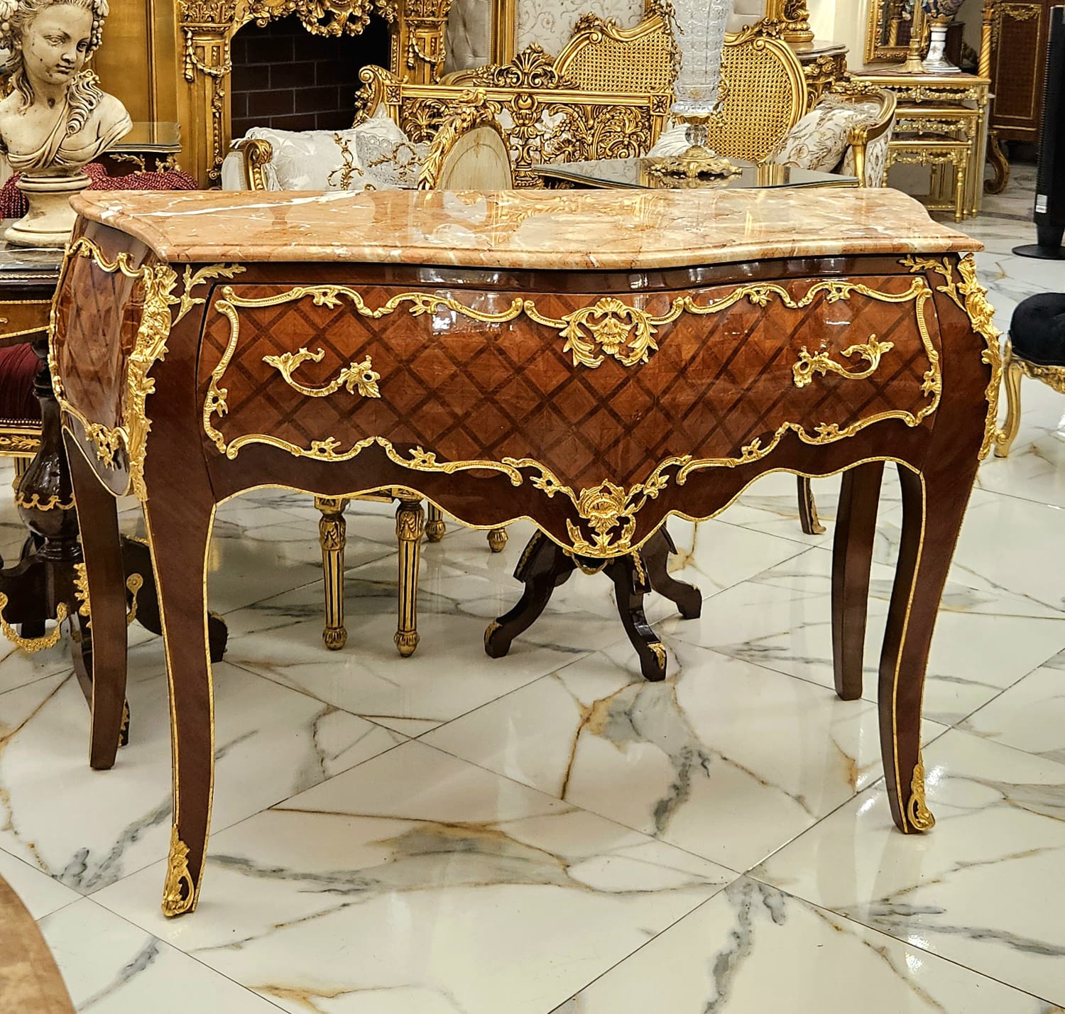 French Louis XV Marble Top Commode with Hand-Gilded Gold Leaf Details & Solid Wood Construction