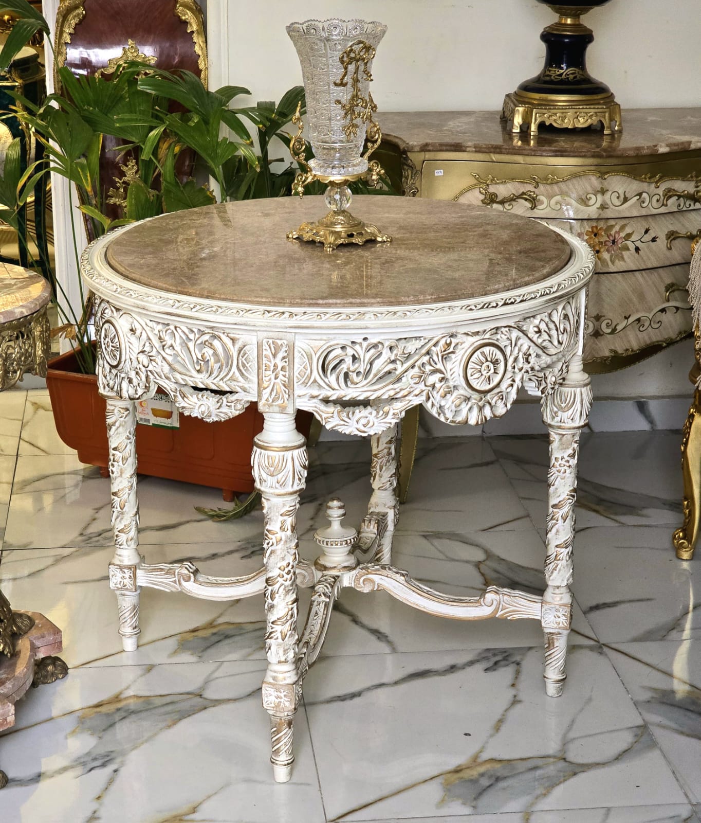 Grand Carved Round Dining Table with Marble Top, Antique White Finish & Hand-Gilded Details