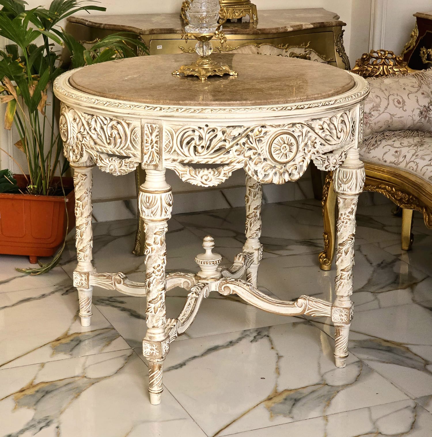 Grand Carved Round Dining Table with Marble Top, Antique White Finish & Hand-Gilded Details