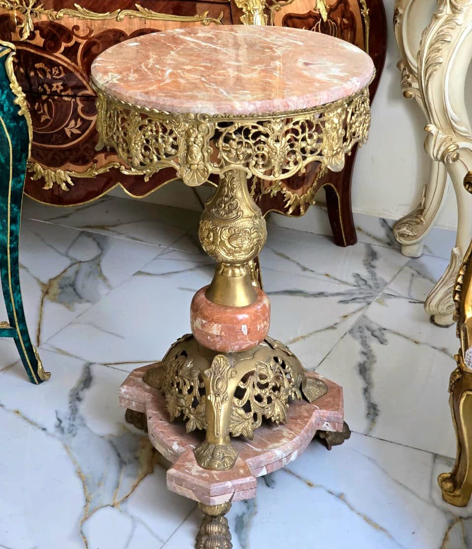 Luxury Bronze Pedestal Side Table with Marble Top & Hand-Gilded Ornate Details