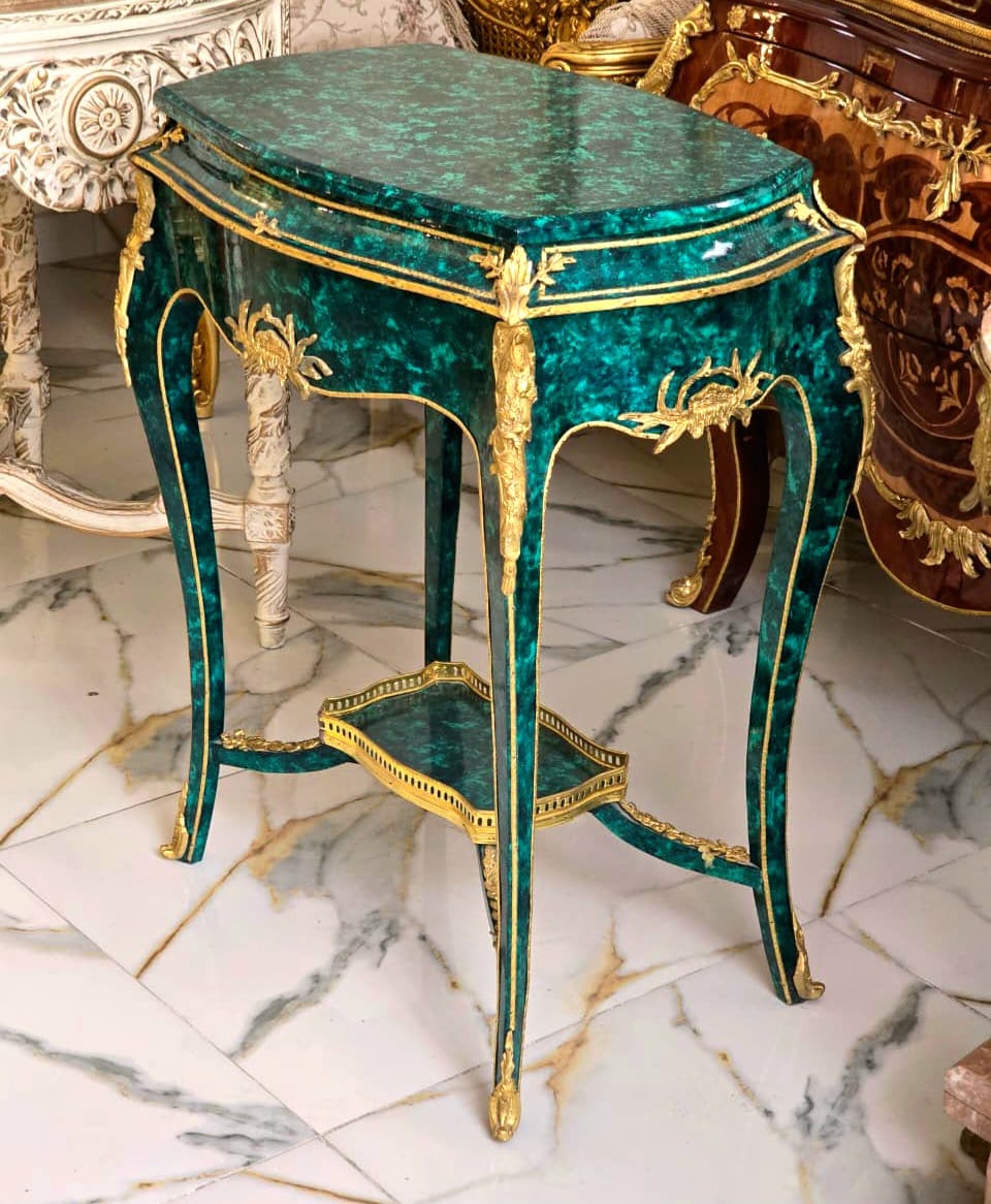 Luxury Green Accent Table with Bronze Ormolu Mounts & Hand-Gilded Details