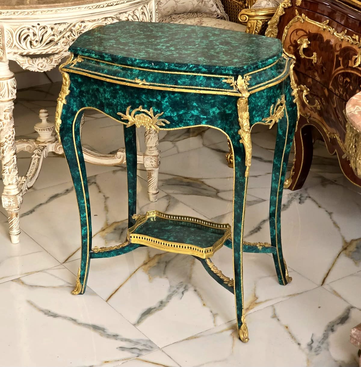 Luxury Green Accent Table with Bronze Ormolu Mounts & Hand-Gilded Details