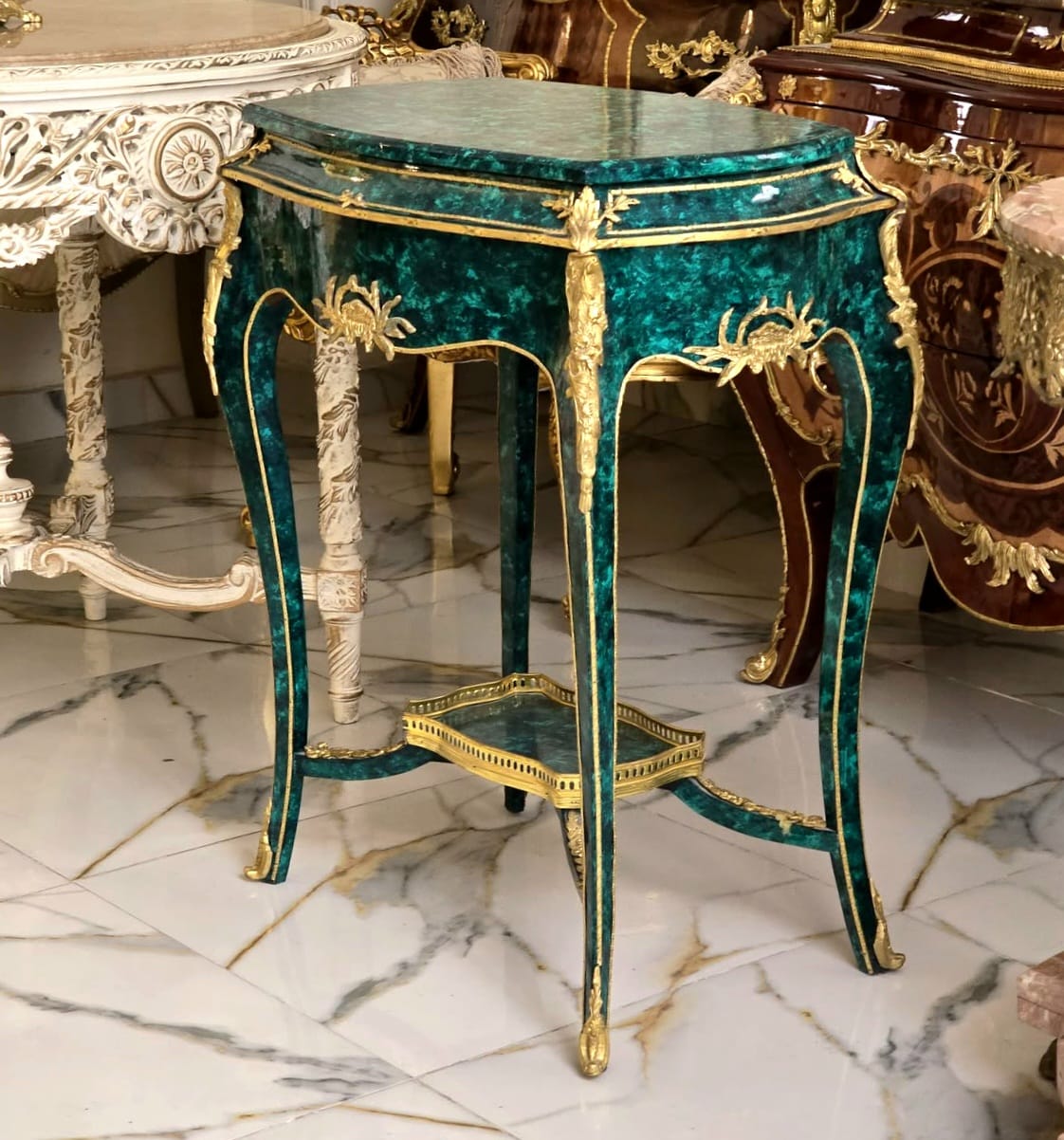Luxury Green Accent Table with Bronze Ormolu Mounts & Hand-Gilded Details