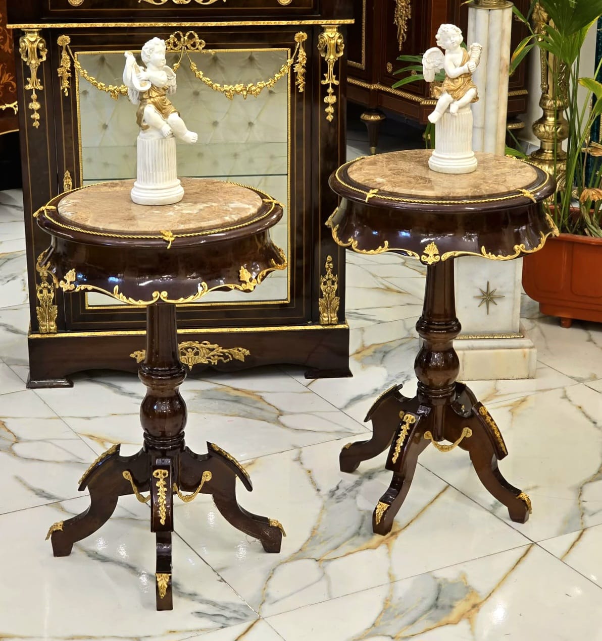 Classic Round Pedestal Side Table with Marble Top, Solid Wood & Hand-Gilded Gold Leaf Details