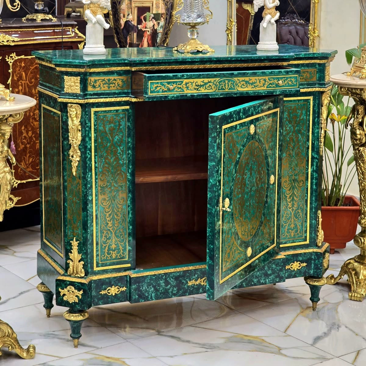 Ornate French Louis XVI Green Cabinet with Lock, Bronze Accents & Gold Leaf Details