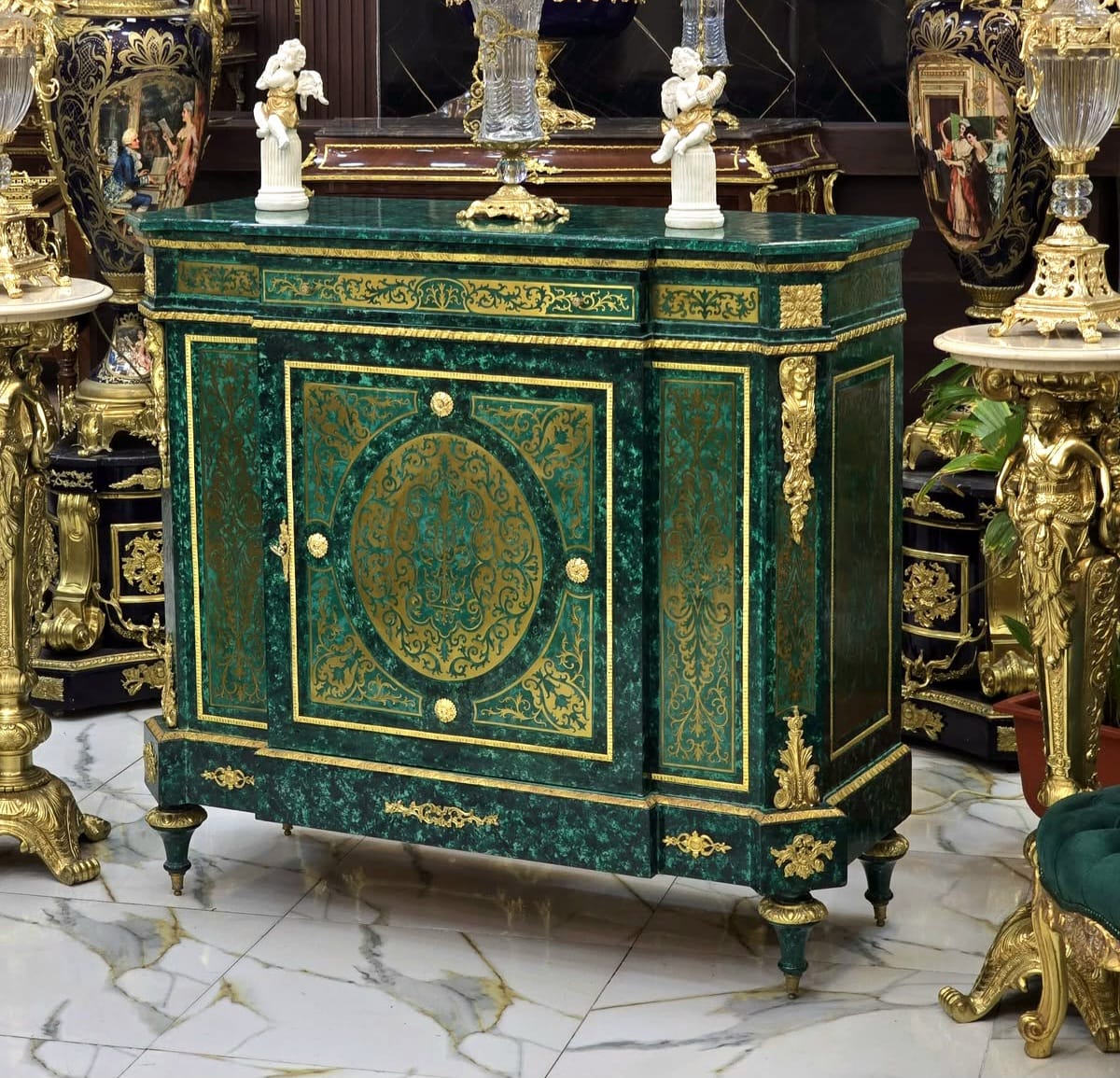 Ornate French Louis XVI Green Cabinet with Lock, Bronze Accents & Gold Leaf Details
