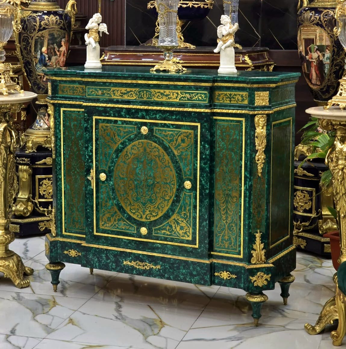 Ornate French Louis XVI Green Cabinet with Lock, Bronze Accents & Gold Leaf Details