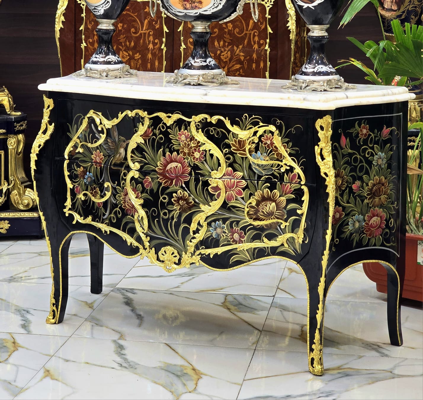 Louis XV Hand-Painted Floral Bombe Chest with Marble Top & Gold Leaf Details