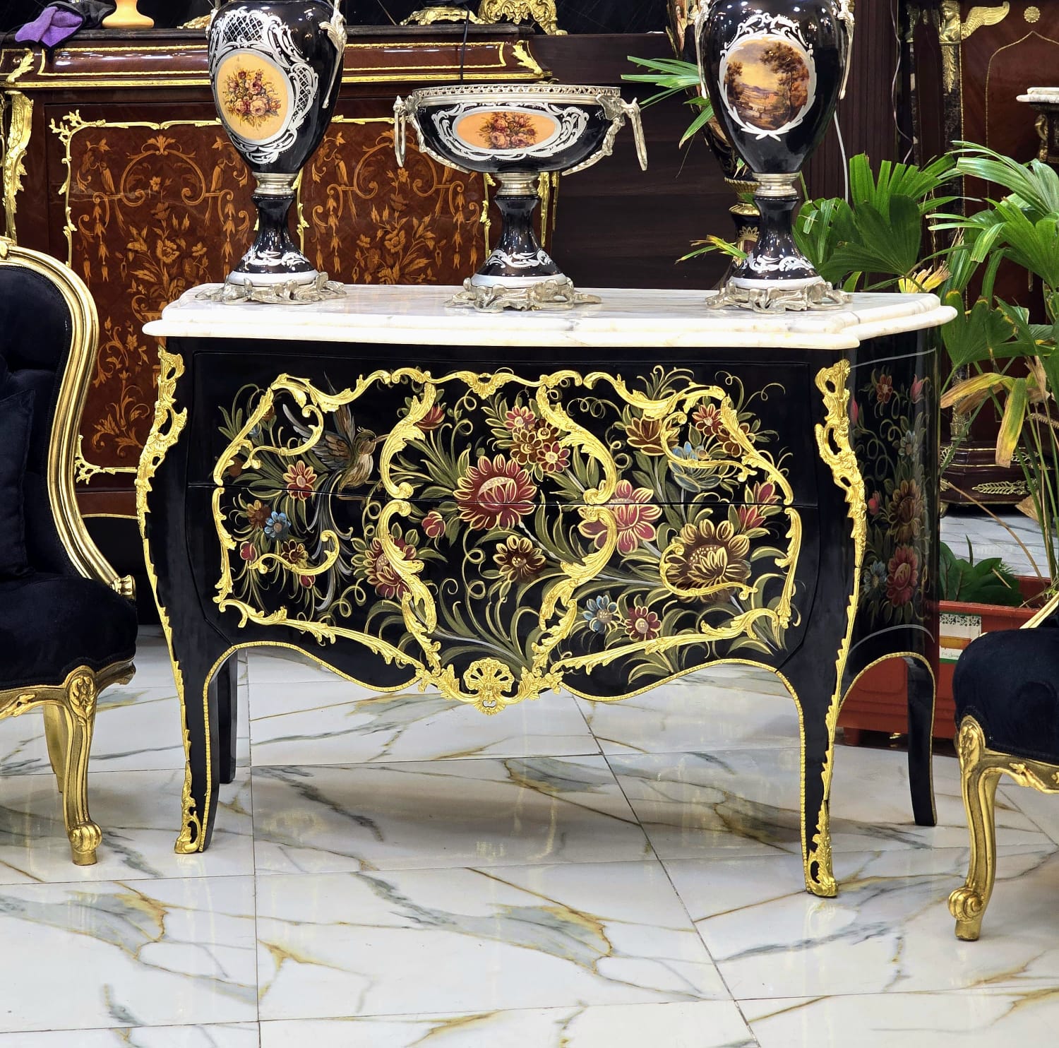 Louis XV Hand-Painted Floral Bombe Chest with Marble Top & Gold Leaf Details