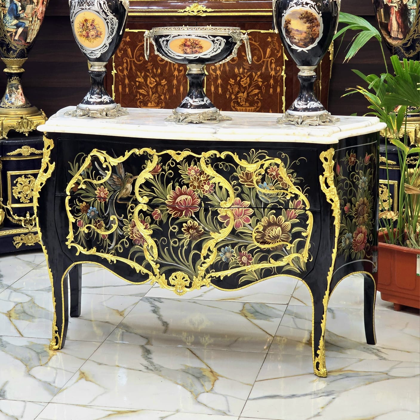 Louis XV Hand-Painted Floral Bombe Chest with Marble Top & Gold Leaf Details
