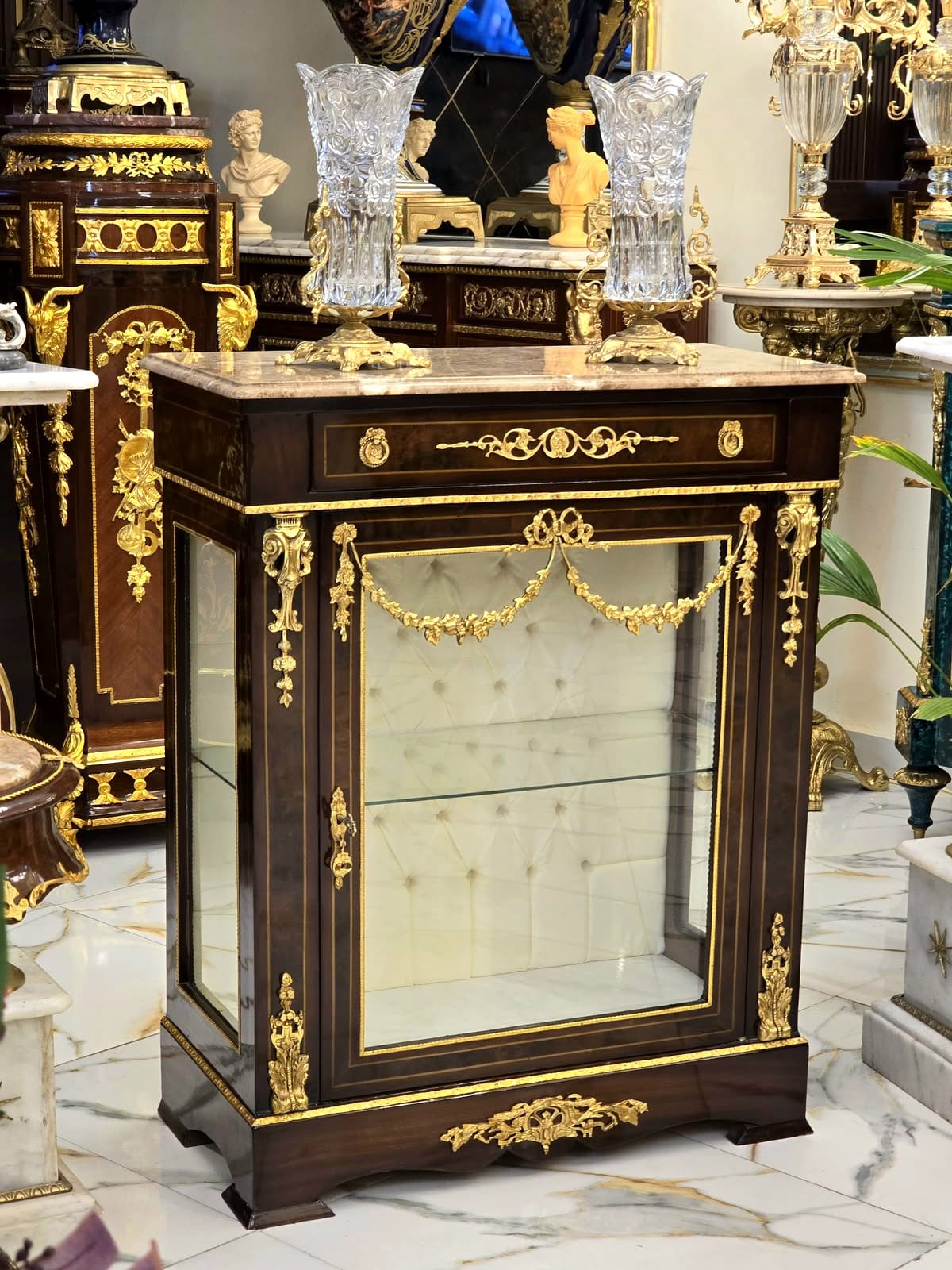 French Louis XVI Marble-Top Display Cabinet with Cream Velvet Interior & Hand-Gilded Gold Leaf Details