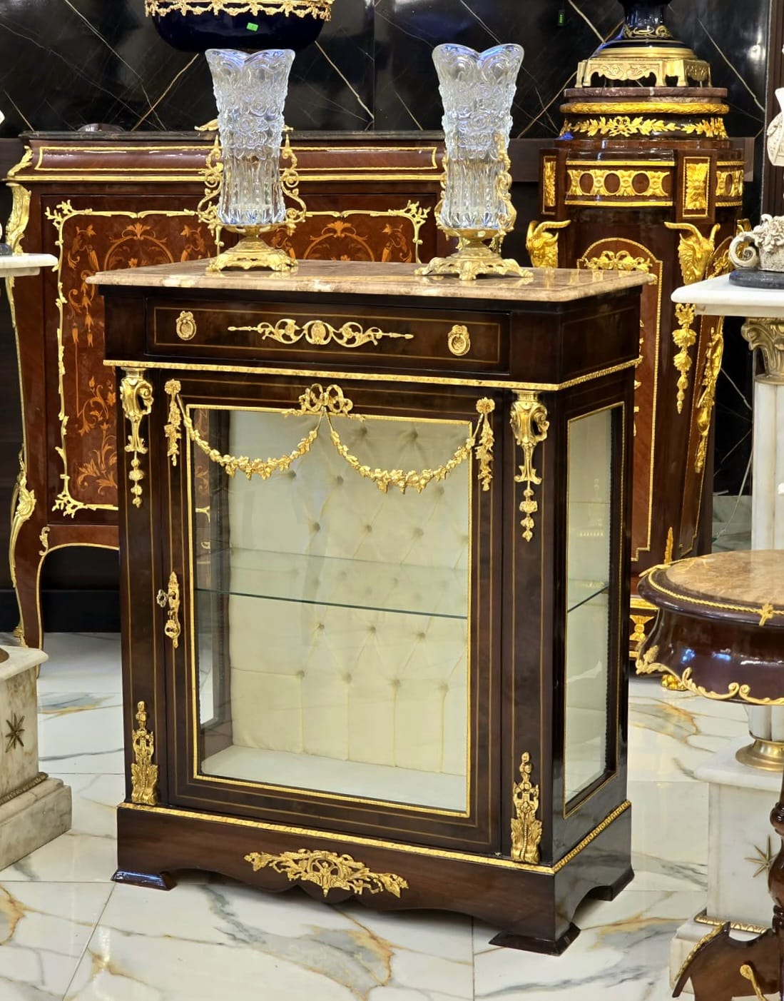 French Louis XVI Marble-Top Display Cabinet with Cream Velvet Interior & Hand-Gilded Gold Leaf Details