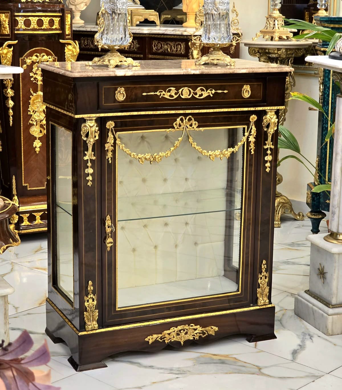 French Louis XVI Marble-Top Display Cabinet with Cream Velvet Interior & Hand-Gilded Gold Leaf Details