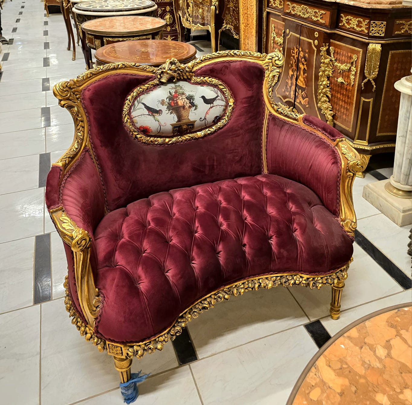 Elegant French Rococo Loveseat with Burgundy Velvet Fabric & Gilded Louis XV Frame