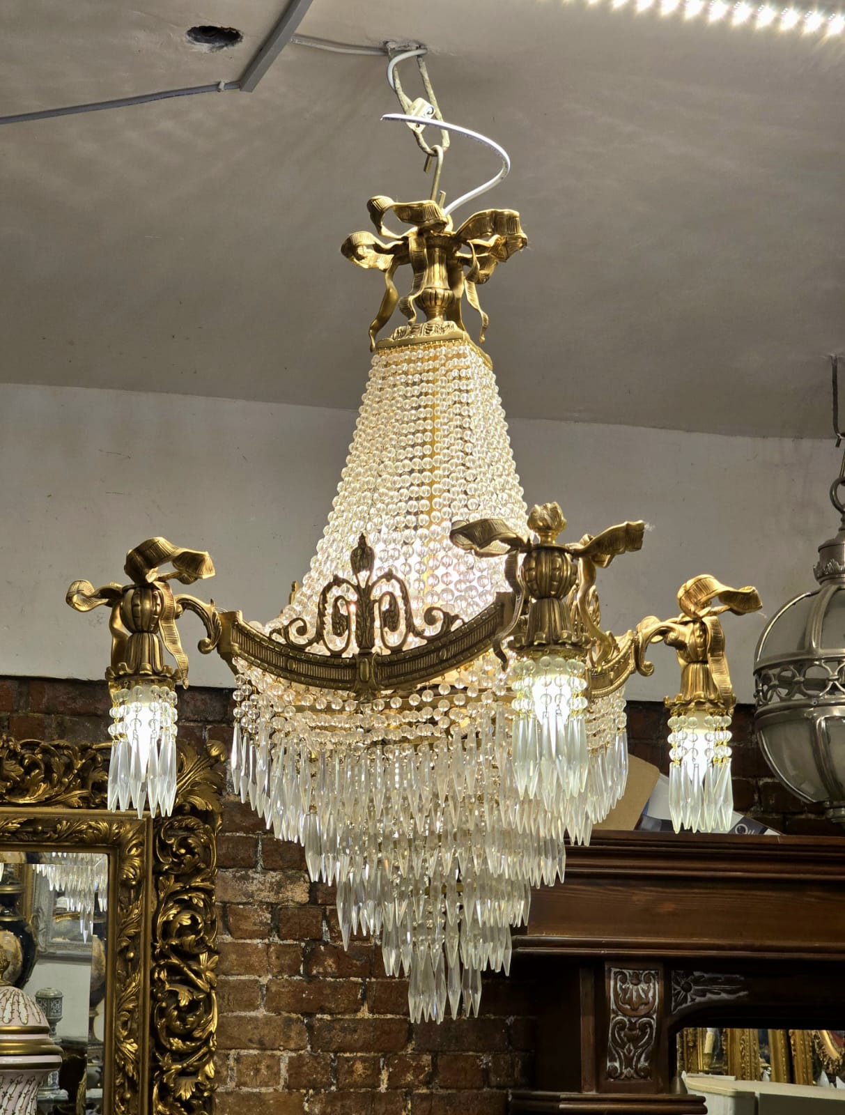 Grand Empire Style Crystal Chandelier with Gilded Bronze Frame & Cascading Crystal Prisms