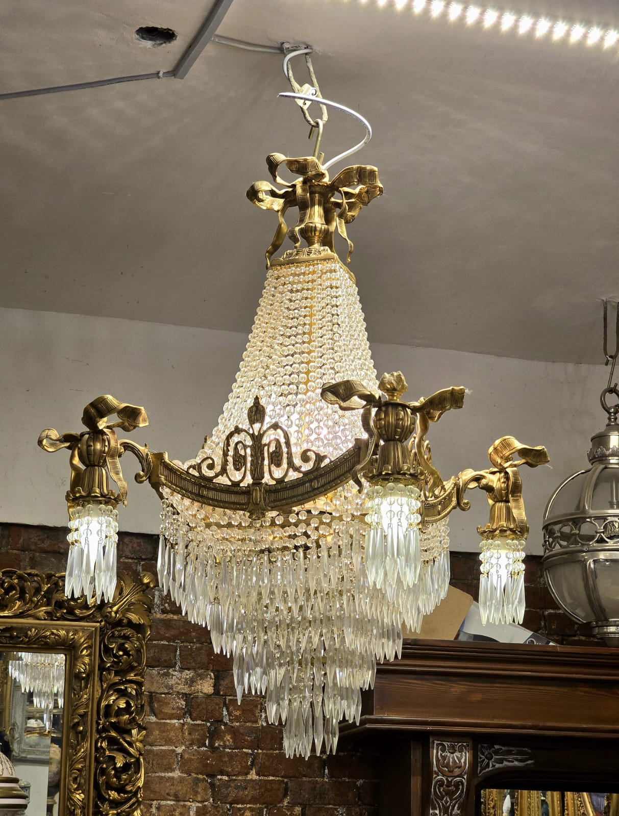 Grand Empire Style Crystal Chandelier with Gilded Bronze Frame & Cascading Crystal Prisms