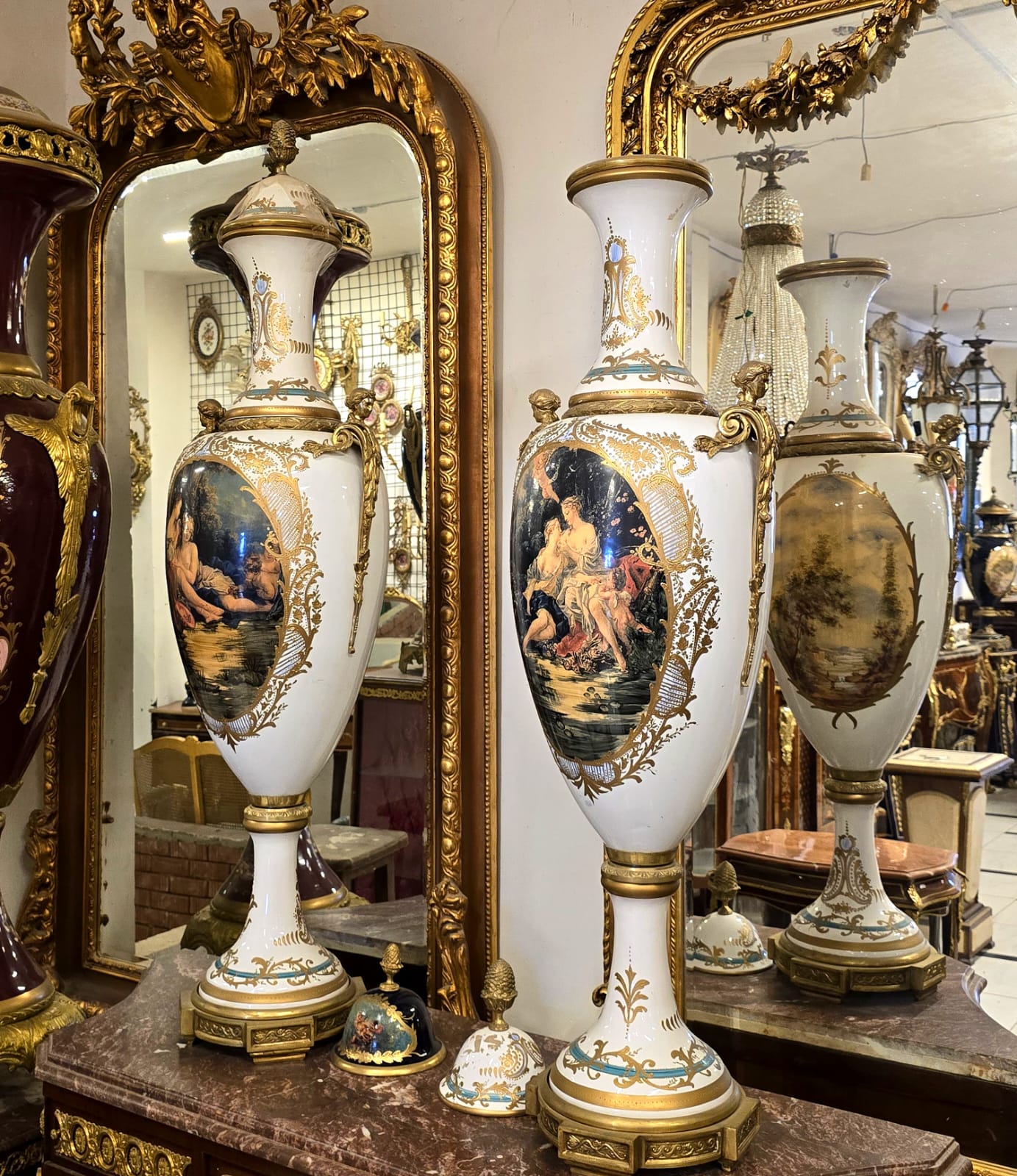 Elegant Sèvres Style Porcelain Vase with Hand-Painted Scenic Artwork & Bronze Swan Handles