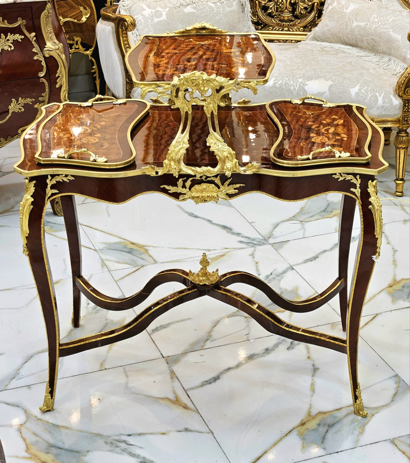 French Louis XV Serving Table with Removable Trays, Hand-Carved Wood & Gold Leaf Details