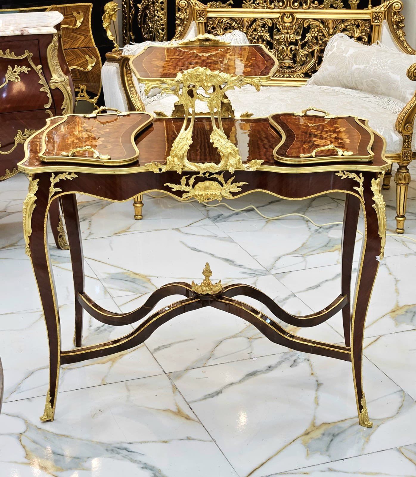 French Louis XV Serving Table with Removable Trays, Hand-Carved Wood & Gold Leaf Details