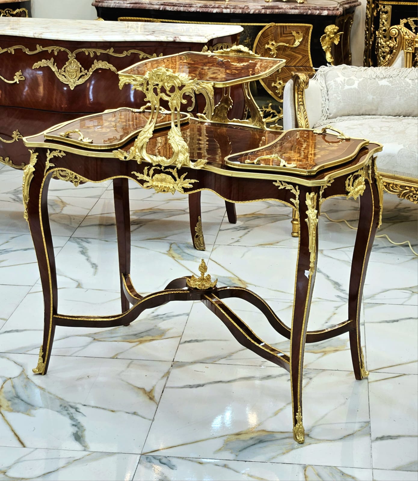 French Louis XV Serving Table with Removable Trays, Hand-Carved Wood & Gold Leaf Details
