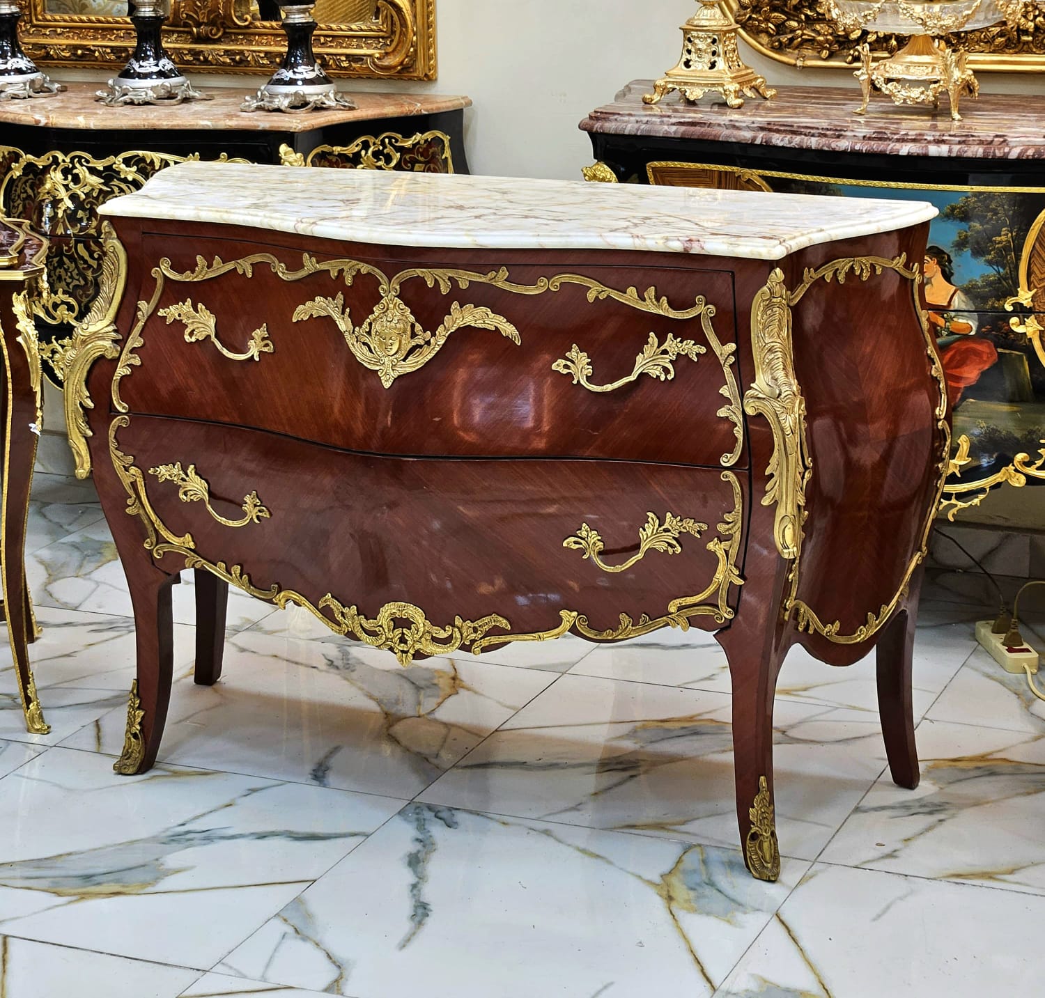 Exquisite French Marble-Top Chest with Ornate Carved Wood & Gold Leaf Accents