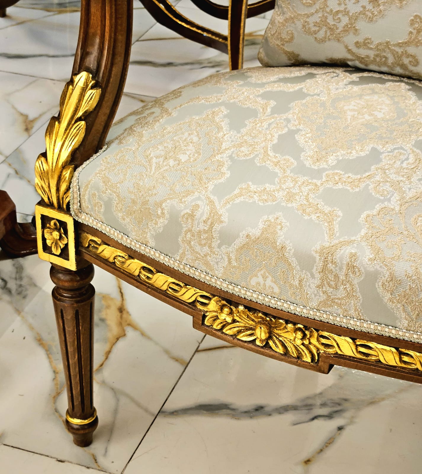 French Louis XVI Damask Accent Armchair with Hand-Carved Wood Frame & Gold Leaf Details
