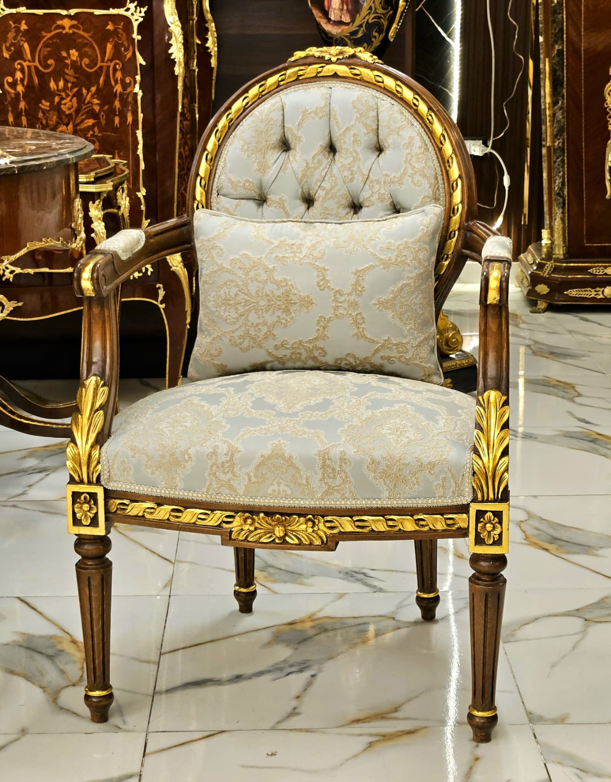 French Louis XVI Damask Accent Armchair with Hand-Carved Wood Frame & Gold Leaf Details