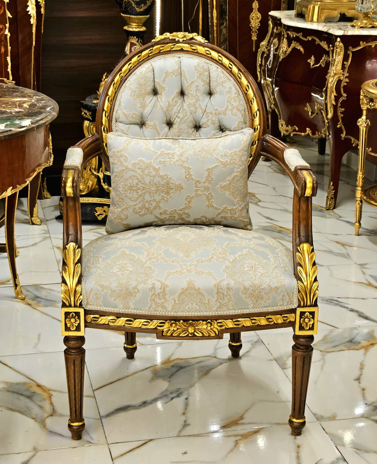 French Louis XVI Damask Accent Armchair with Hand-Carved Wood Frame & Gold Leaf Details