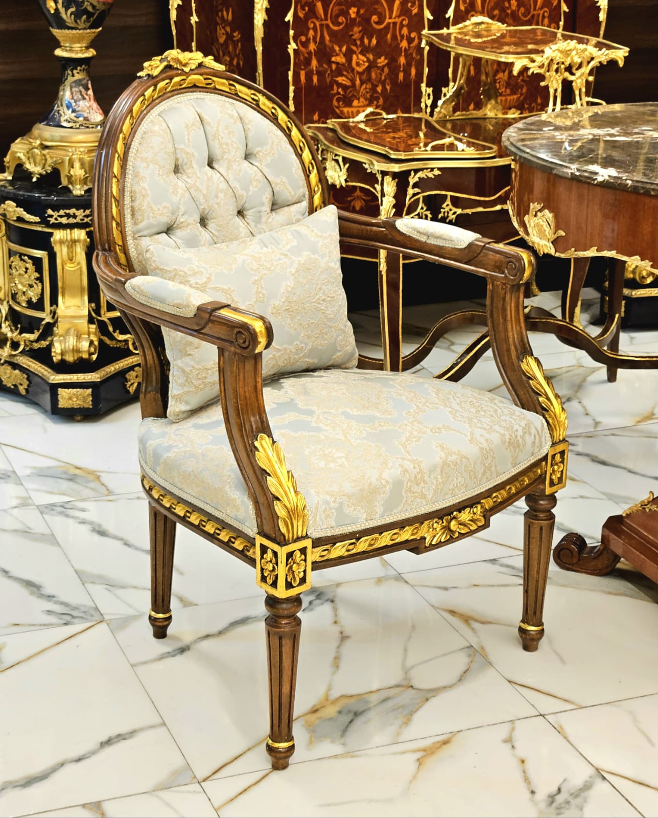 French Louis XVI Damask Accent Armchair with Hand-Carved Wood Frame & Gold Leaf Details