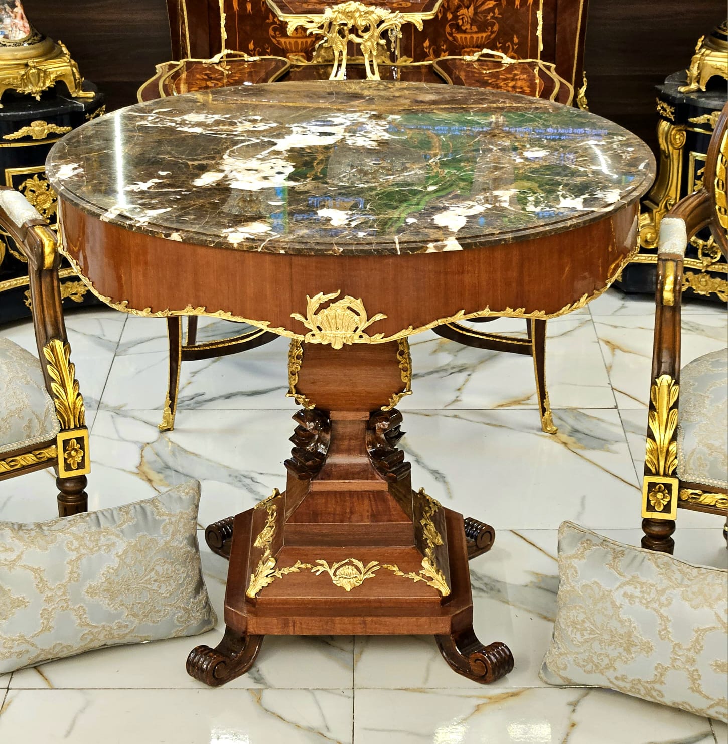 Round Marble Top Center Table with Hand-Carved Wood Pedestal & Gold Leaf Accents