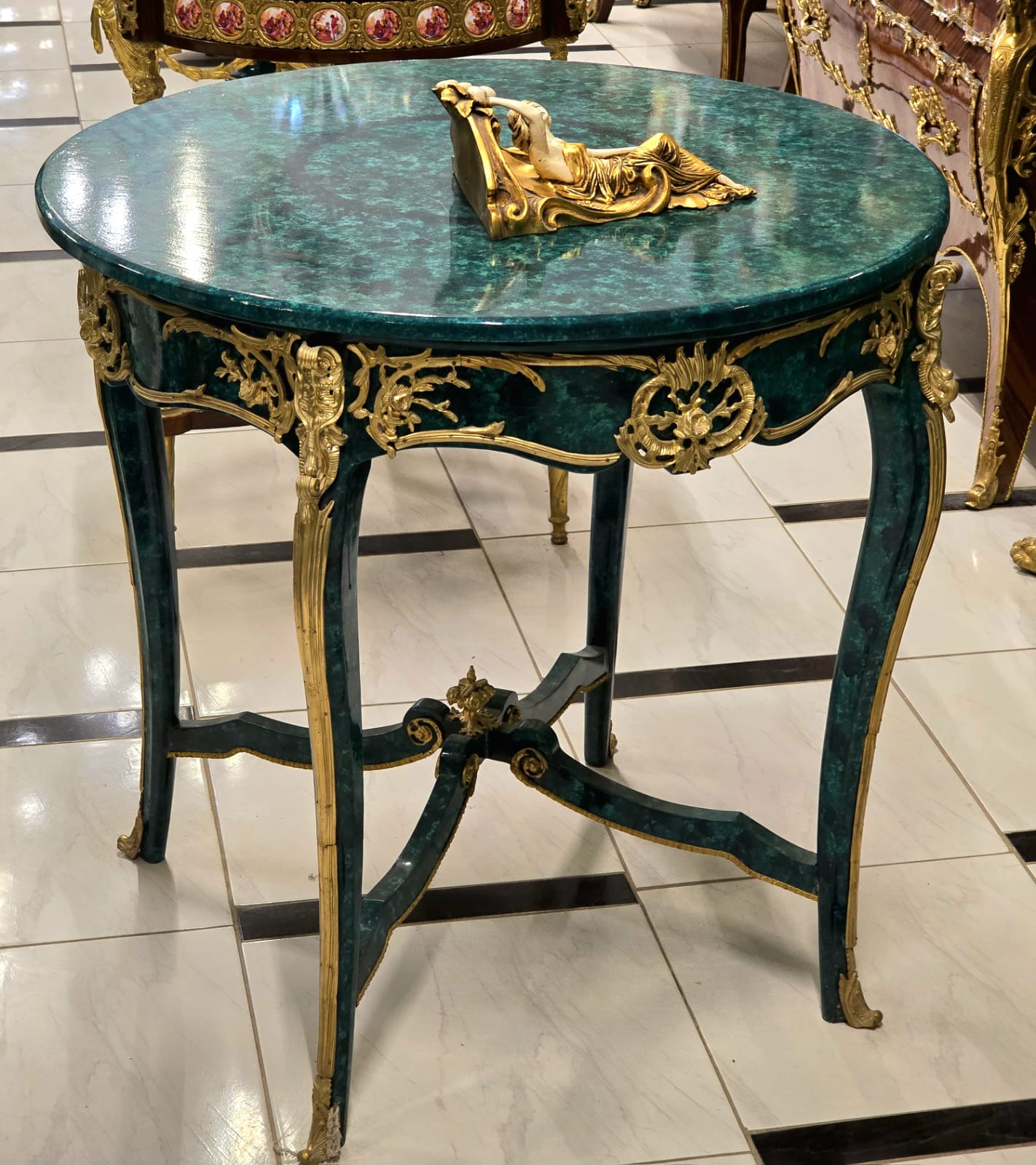 French Empire Style Center Table in Bottle Green with Gold Leaf & Bronze Mounts