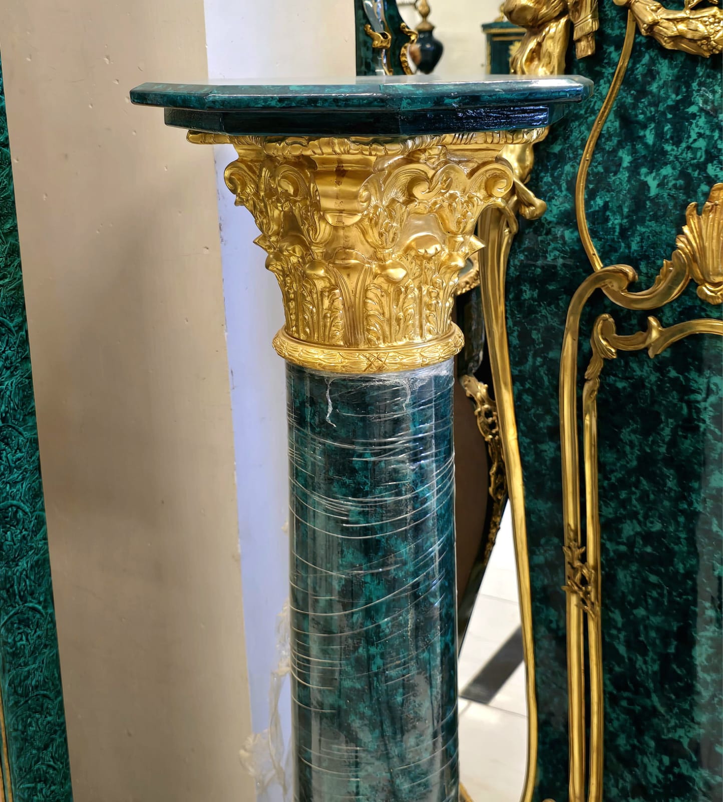 Victorian Style Display Pedestal with Emerald Finish & Gilded Ornamentation