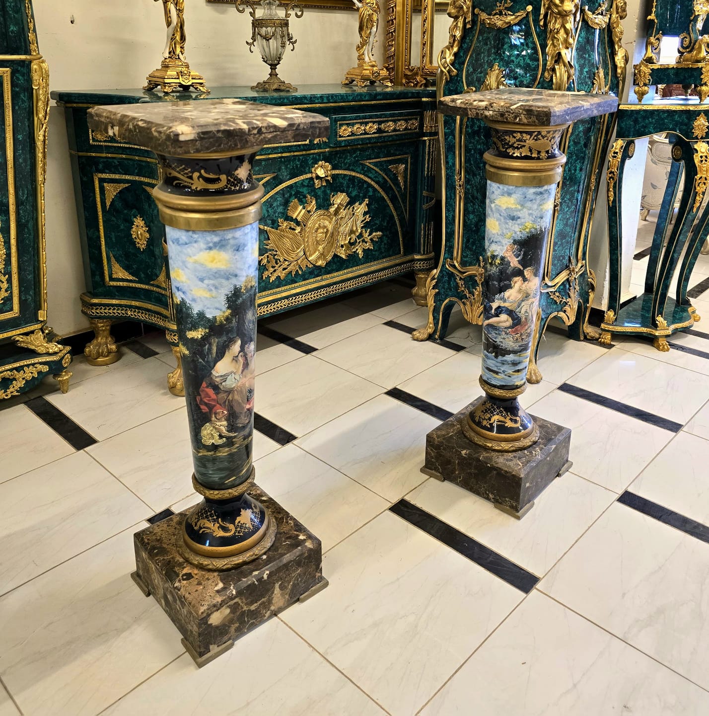 Luxury Hand-Painted Porcelain Pedestal with Marble Top & Bronze Accents