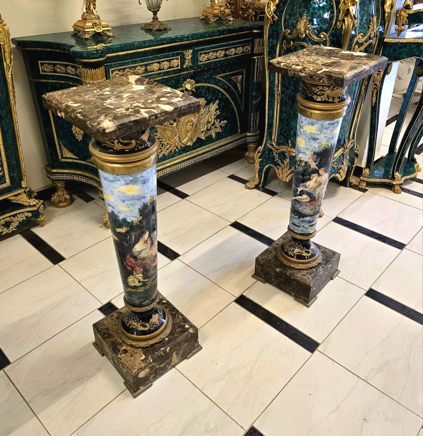Luxury Hand-Painted Porcelain Pedestal with Marble Top & Bronze Accents