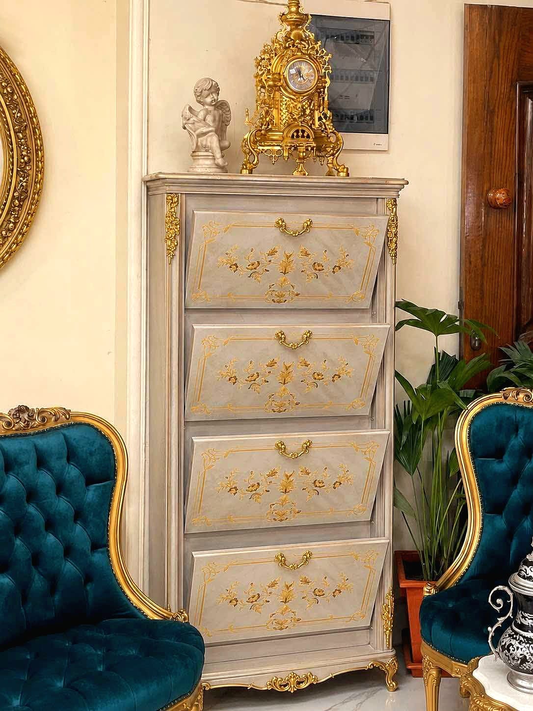 French Hallway Shoe Cabinet with Decorative Wood Inlays & Antique Charm