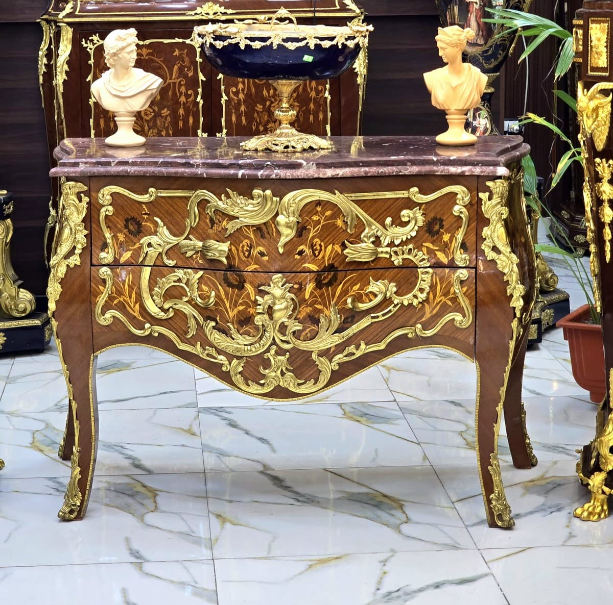 Louis XV Bombe Marble-Top Commode with Exquisite Floral Marquetry & Gilt Bronze Mounts