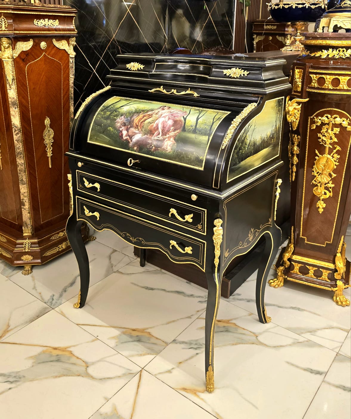 Elegant French Roll-Top Secretary Desk with Mythological Artwork, Fine Marquetry & Gilt Bronze Mounts