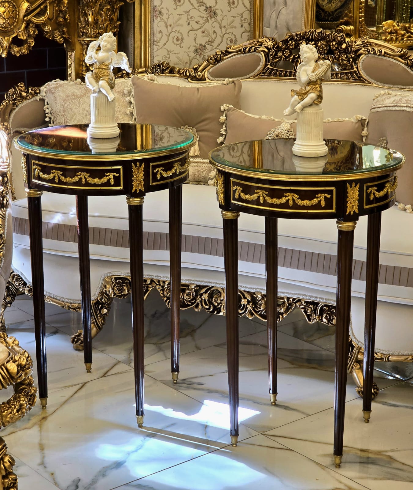 Round Accent Side Table with Glass Top, Hand-Gilded Gold Leaf Details & Solid Wood Frame