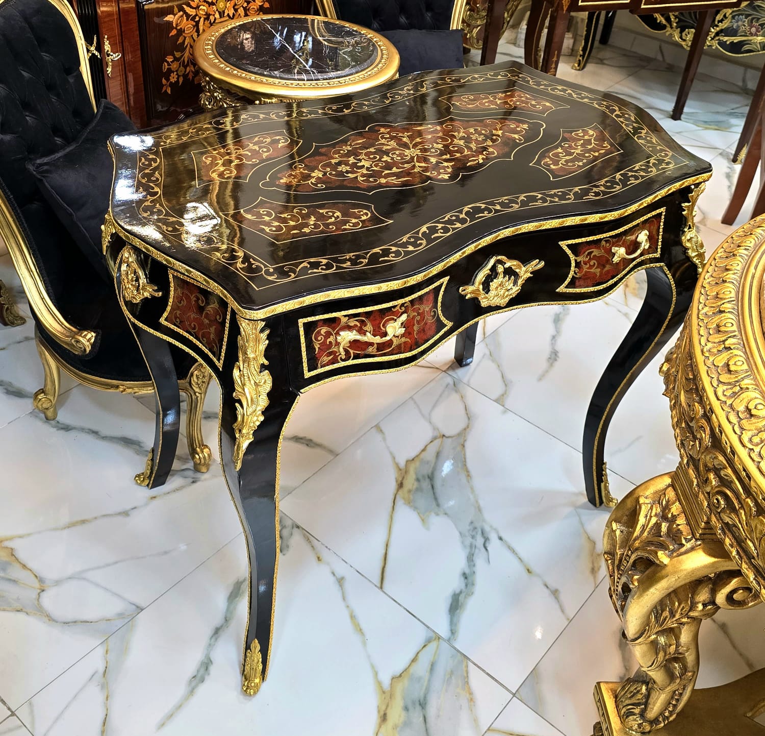 French Writing Desk with Center Drawer, Hand-Inlaid Marquetry & Gold Leaf Details