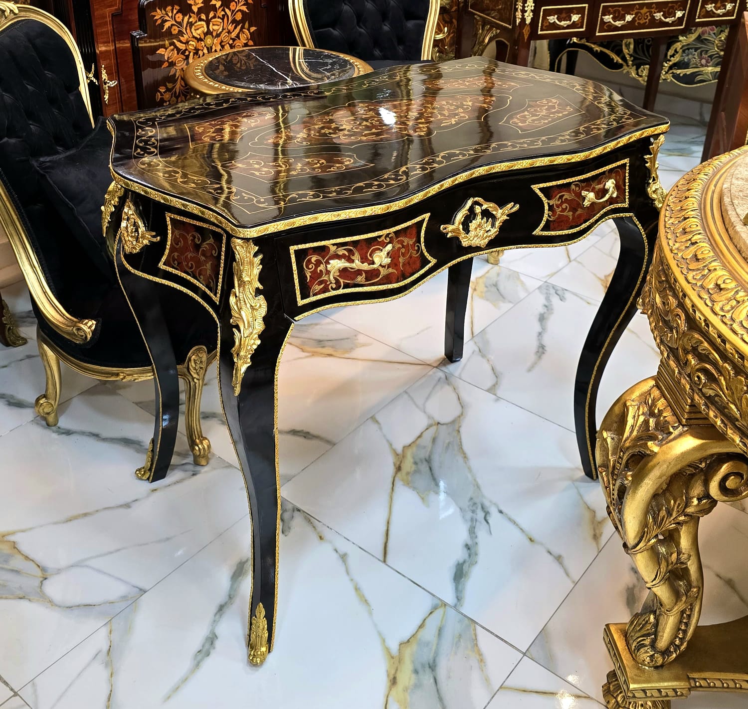French Writing Desk with Center Drawer, Hand-Inlaid Marquetry & Gold Leaf Details