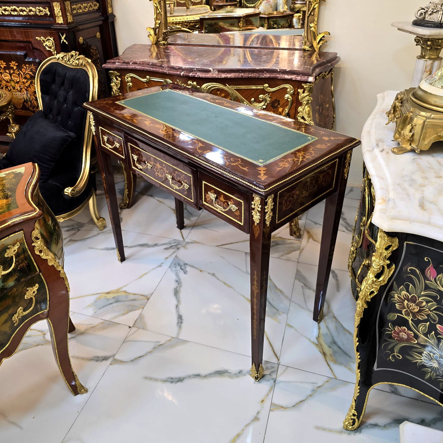 French Louis XVI Writing Desk with Green Leather Top, Marquetry Inlays & Gilded Gold Leaf Details