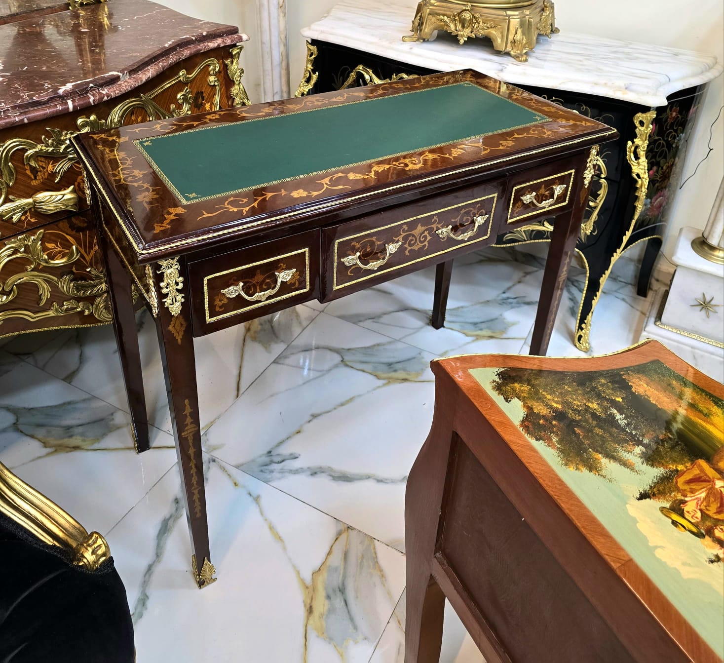 French Louis XVI Writing Desk with Green Leather Top, Marquetry Inlays & Gilded Gold Leaf Details